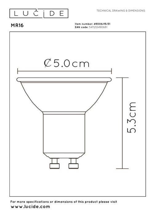 Lucide MR16 - Ampoule led - Ø 5 cm - LED Dim. - GU10 - 3x5W 3000K - Blanc - Ensemble de 3 - technique